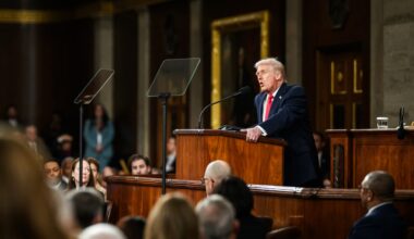 A man in a suit speaks into a microphone while standing behind a lectern. In front of him are dozens of seated people.