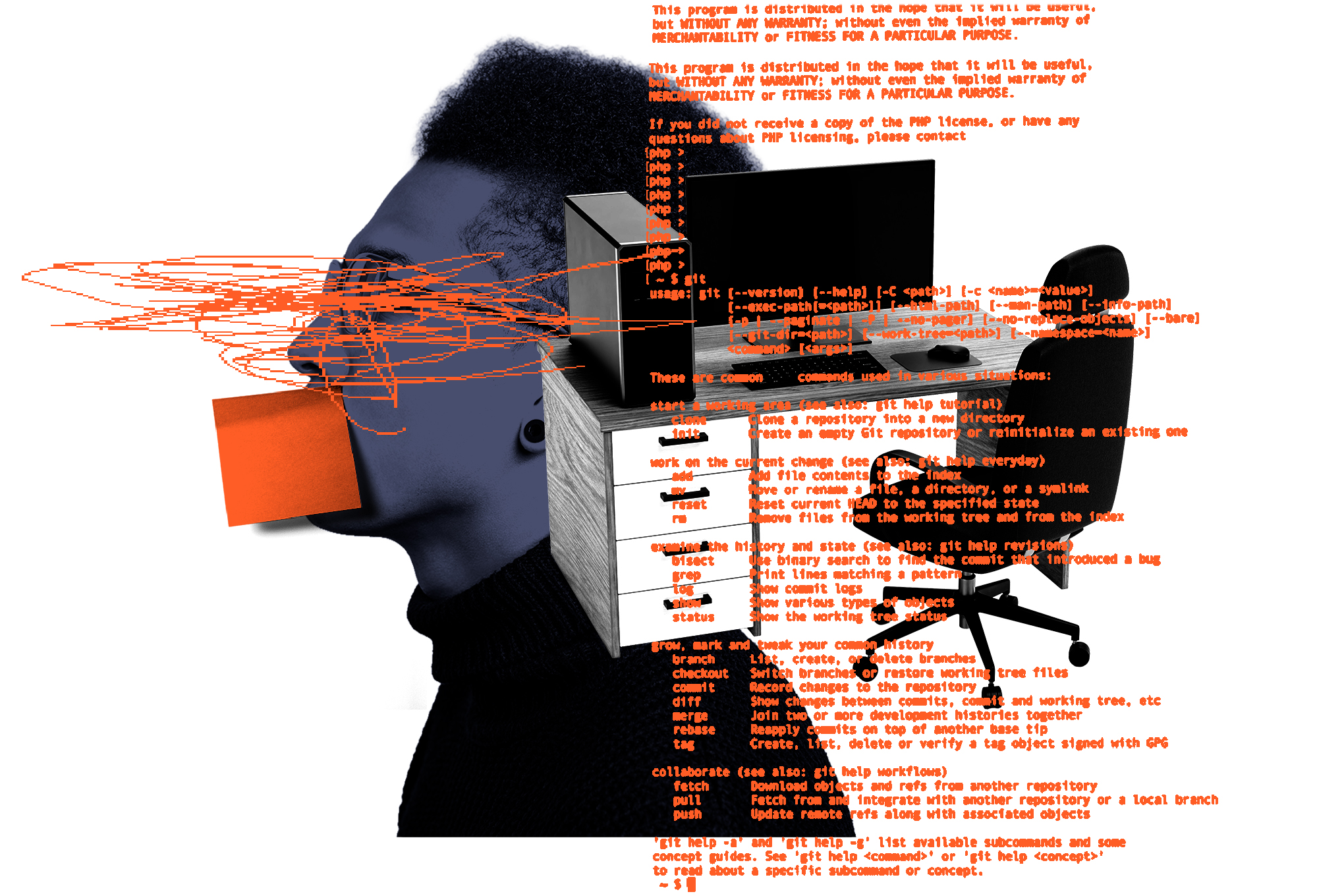 Worker in profile with a post-it note over their mouth next to an office desk with command line code overlayed. 