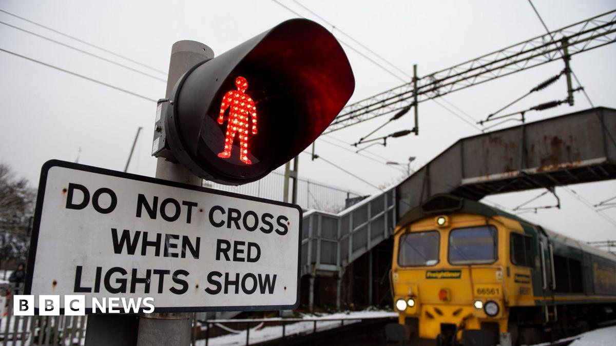 Signs at a level crossing, that shows a red person on a traffic light above a sign saying "do not cross when red lights show". A freight train crosses underneath a footbridge nearby.