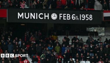 A sign showing the time and date of the Munich aeroplane crash at Old Trafford football ground. Skipper Roger Byrne, England internationals Tommy Taylor and Duncan Edwards, plus Geoff Bent, Eddie Colman, Mark Jones, David Pegg and Billy Whelan were the Manchester United players killed