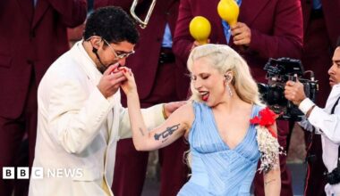 Bad Bunny performs onstage during the Apple Music Super Bowl