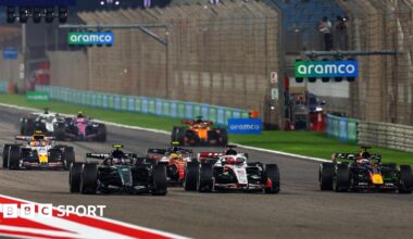 Mercedes' Kimi Antonelli leading cars from the Haas, Red Bull, Ferrari, Racing Bulls, McLaren, Alpine and Cadillac teams in pre-season F1 testing in Bahrain