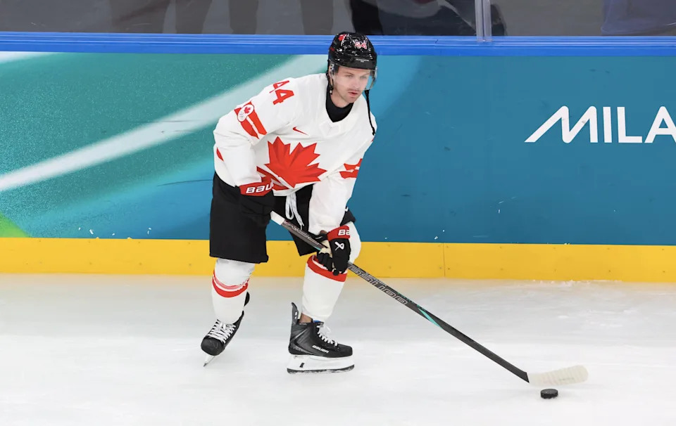 MILAN, ITALY - FEBRUARY 12: Josh Morrissey #44 of Team Canada in action during the Men's Ice Hockey - Group A match between Team Czech Republic and Team Canada on day six of the Milano Cortina 2026 Winter Olympic games at Milano Santagiulia Ice Hockey Arena on February 12, 2026 in Milan, Italy. (Photo by Xavier Laine/Getty Images)