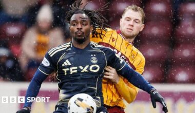 Aberdeen’s Toyosi Olusanya (L) and Motherwell’s Stephen Welsh in action during a William Hill Premiership match between Motherwell and Aberdeen at Fir Park