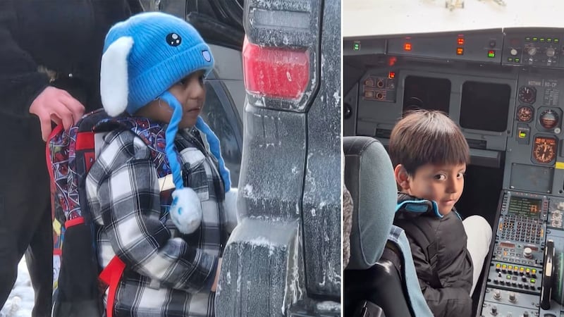 Liam Ramos being obtained by ICE in Minneapolis next to an image of him in the cockpit of a plane