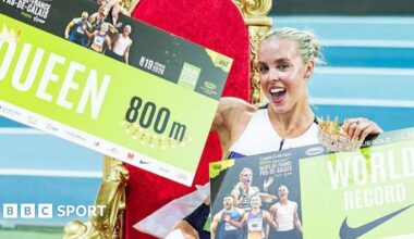 Britain's Keely Hodgkinson celebrates after breaking the world record in the 800m women final at the Athletics meeting "Hauts-de-France Pas-de-Calais" as part of the World Indoor Tour Gold, in Lievin, northern France on February 19, 2026.
