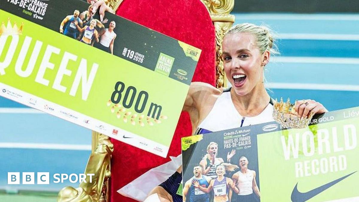 Britain's Keely Hodgkinson celebrates after breaking the world record in the 800m women final at the Athletics meeting "Hauts-de-France Pas-de-Calais" as part of the World Indoor Tour Gold, in Lievin, northern France on February 19, 2026.