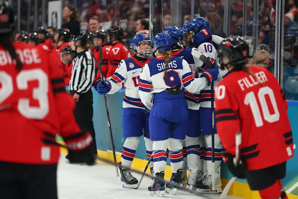 MILAN, ITALY - FEBRUARY 10: Laila Edwards #10 of Team United States celebrates with teammates after scoring a goal in the third period during the Women's Preliminary Group A match between United States and Canada on day four of the Milano Cortina 2026 Winter Olympic games at Milano Santa Giulia Ice Hockey Arena on February 10, 2026 in Milan, Italy. (Photo by Gregory Shamus/Getty Images)