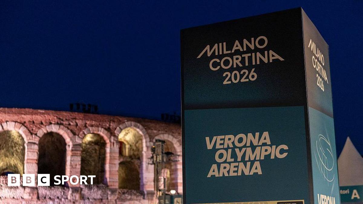 A sign for the Milano Cortina Games in front of Verona Arena - an historic stone-build venue.