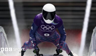 Matt Weston during first heat of Winter Olympics skeleton event at Cortina Sliding Centre