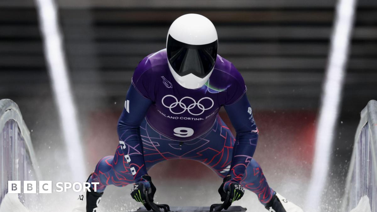 Matt Weston during first heat of Winter Olympics skeleton event at Cortina Sliding Centre