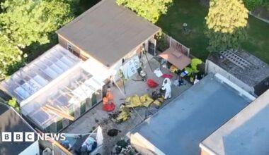 A drone image of the backyard at Save A Paw centre. Forensic officers wearing white jumpsuits are examining the scene, which is messy with various bags, mud and yellow sheets laid across it. There is a large grey outbuilding with a flat roof. Next to it is a smaller building with transparent roof.