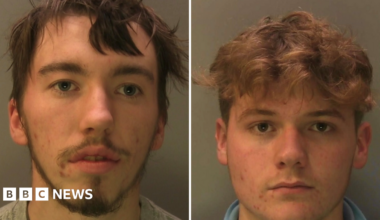Two young men in police mugshots looking straight at the camera