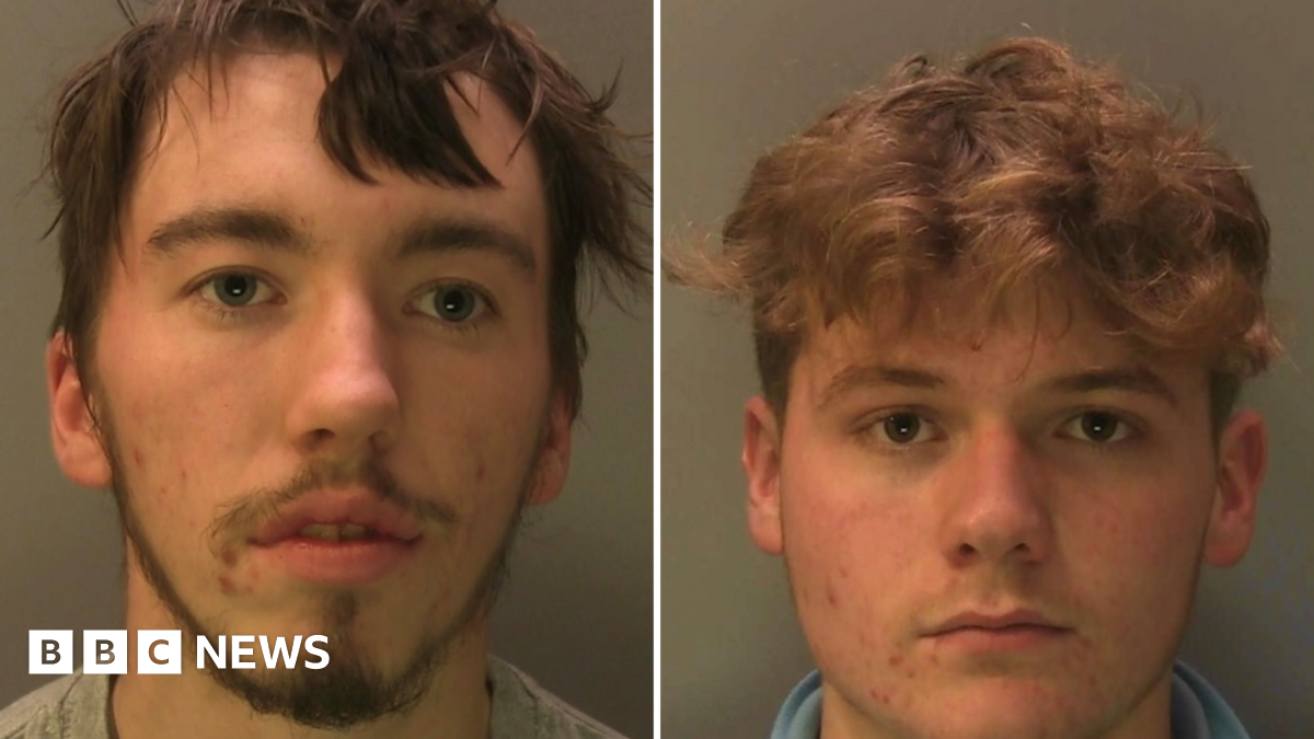 Two young men in police mugshots looking straight at the camera