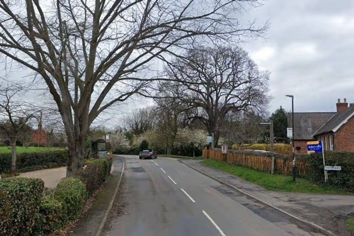 An image depicts a quiet residential street lined with trees and hedges. The road appears empty, with a vehicle visible in the distance. On either side of the road, there are houses and streetlights. The sky overhead is overcast.