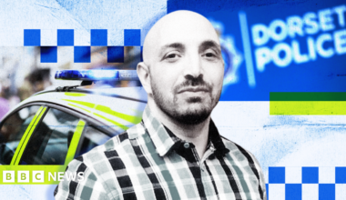 Composite image showing in the centre Omar Benguit, a man with a shaven head and a stubbly beard, looking straight at the camera wearing a checked shirt. Behind him is a montage featuring the Dorset Police logo, a police car and a blue police chequerboard pattern.