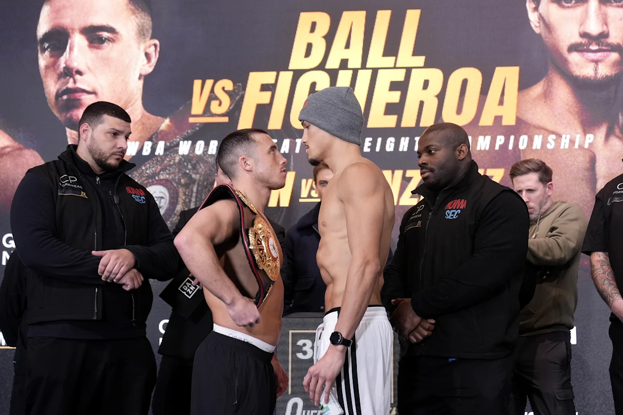 Nick Ball (second left) and Brandon Figueroa face off during a weigh-in at BOXPARK Liverpool. Picture date: Friday February 6, 2026. (Photo by Peter Byrne/PA Images via Getty Images)