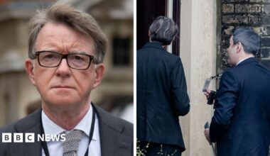 Split screen of Peter Mandelson and two plain clothes policeman arriving at one the addresses linked to him in London