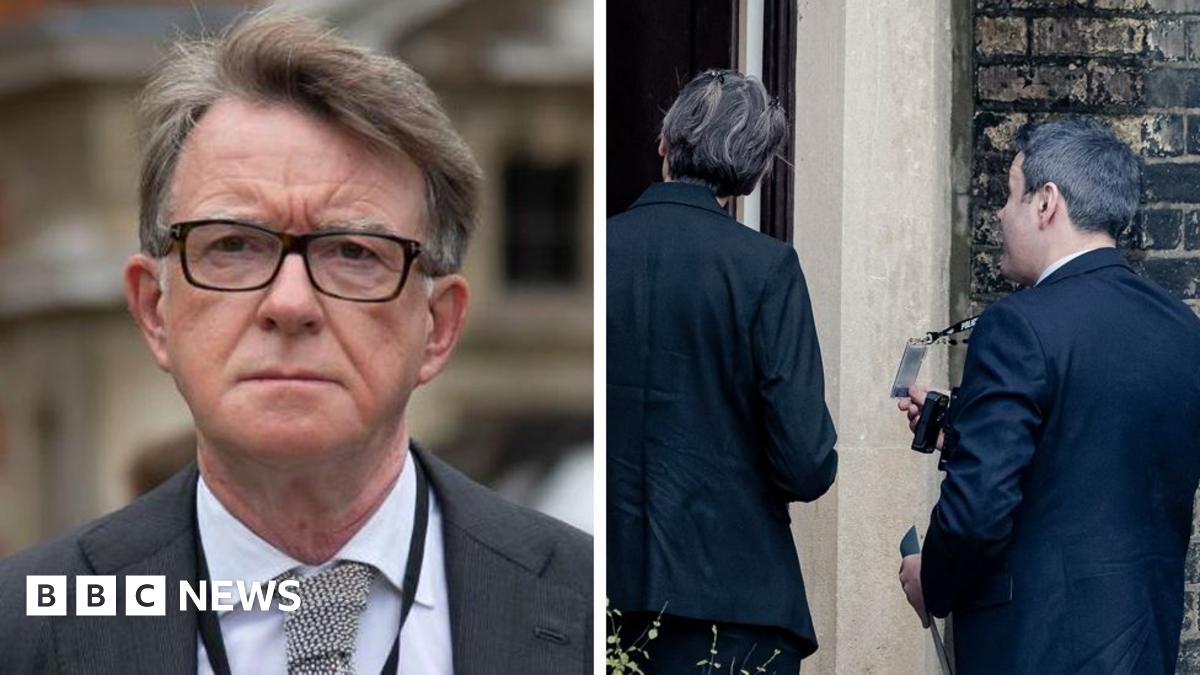 Split screen of Peter Mandelson and two plain clothes policeman arriving at one the addresses linked to him in London