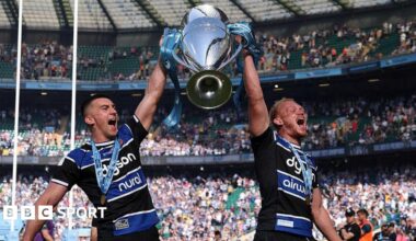 Bath's Cameron Redpath and Miles Reid lift the Premiership title at Twickenham in June