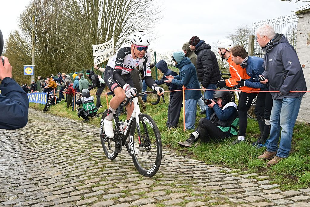 Belgium's Florian Vermeersch of UAE Team Emirates-XRG pictured in action on the Molenberg during the 81st edition of the men's one-day cycling race Omloop Het Nieuwsblad (UCI World Tour), the opening race of the Flemish one-day classics season, 207,6 km from Gent to Ninove, Saturday 28 February 2026. BELGA PHOTO DAVID PINTENS (Photo by DAVID PINTENS / BELGA MAG / Belga via AFP)