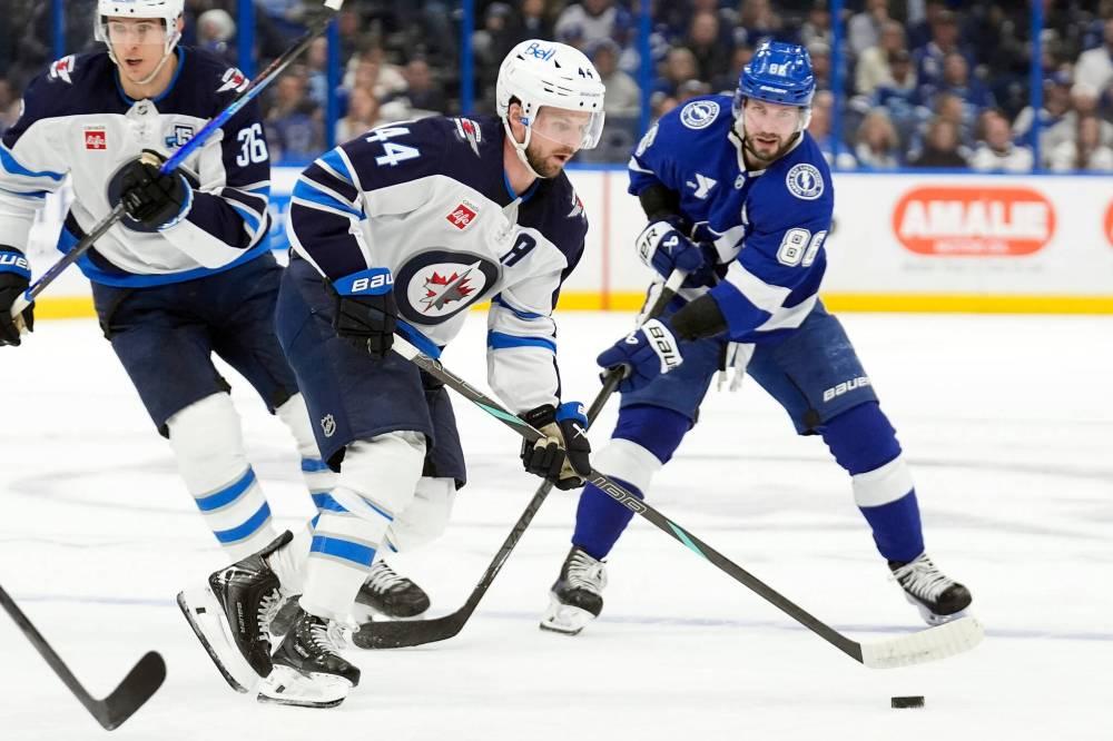Chris O’Meara / THE ASSOCIATED PRESS FILES
Winnipeg Jets’ Josh Morrissey (44) will be out of the club’s lineup on Wednesday. The defenceman’s injury, sustained in the opening game of the Olympics against Czechia, is yet to be assessed by team doctors.