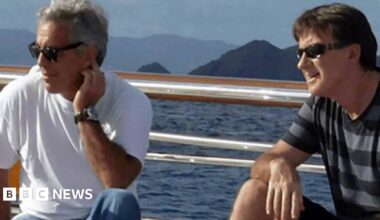 Undated image shows Jeffrey Epstein and Peter Mandelson onboard a yacht in an unspecified location.