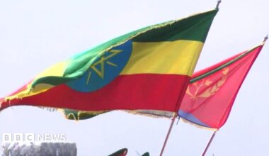 Ethiopia and and Eritrean flags blowing in the wind.