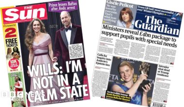 The headline on the front page of the Daily Mail reads: "William says he's 'not in calm state' amid Andrew arrest drama."