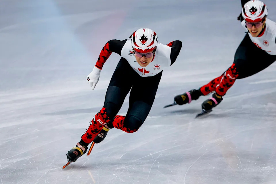 Milan, Italy - February 12: Courtney Sarault of Canada competing on the Short Track Speed Skating Women's 500m Quarterfinals on day six of the Milano Cortina 2026 Winter Olympics at Milano Speed Skating Stadium on February 12, 2026 in Milan, Italy. (Photo by Henk Jan Dijks/Marcel ter Bals/DeFodi Images/DeFodi via Getty Images)