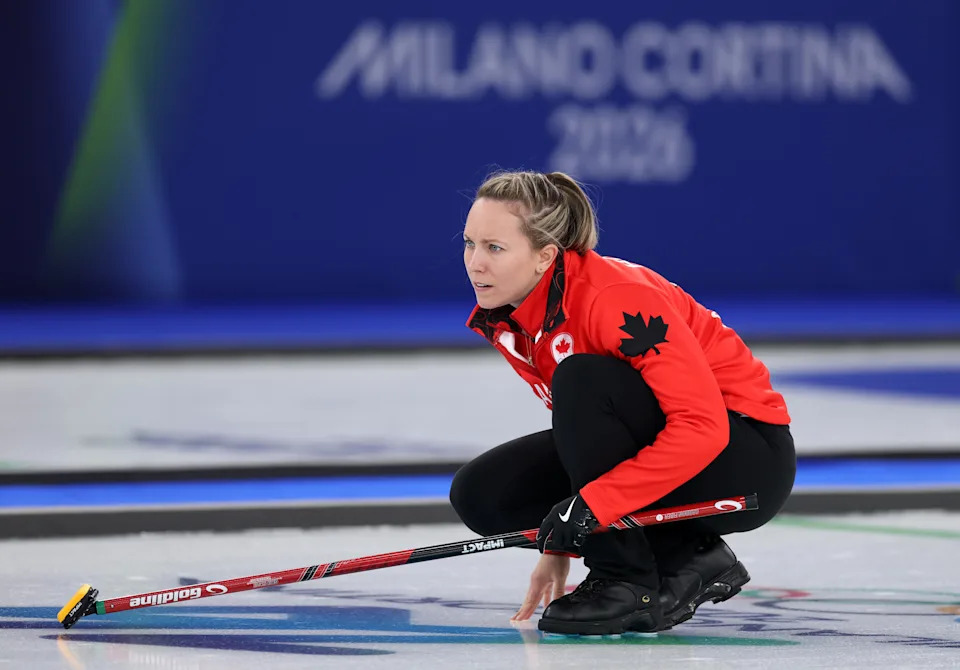 CORTINA D'AMPEZZO, ITALY - FEBRUARY 18: Rachel Homan of Team Canada looks on as she competes during the Women's Round Robin match between Team Canada and Team Italy on day twelve of the Milano Cortina 2026 Winter Olympic games at Cortina Curling Olympic Stadium on February 18, 2026 in Cortina d'Ampezzo, Italy. (Photo by Richard Heathcote/Getty Images)