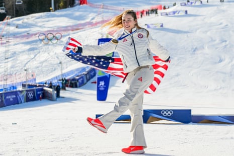 Mikaela Shiffrin of USA celebrates with her gold medal after first place in women's slalom.