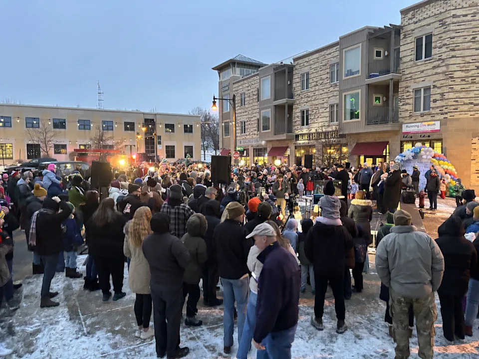 A crowd of hundreds is ready to hear Jimmy the Groundhog’s weather prediction at sunrise during the 78th annual Groundhog Day Prognostication on Feb. 2, 2026, in Cannery Square in downtown Sun Prairie.