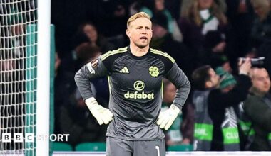 Kasper Schmeichel looks dejected after conceding a goal against Stuttgart