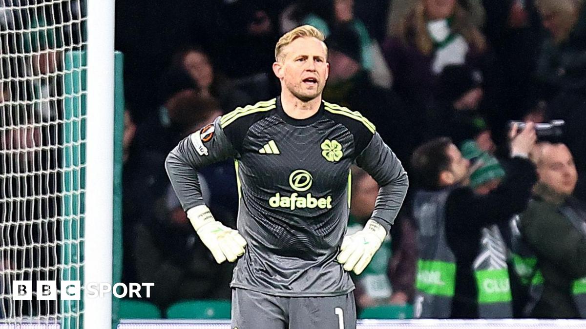 Kasper Schmeichel looks dejected after conceding a goal against Stuttgart