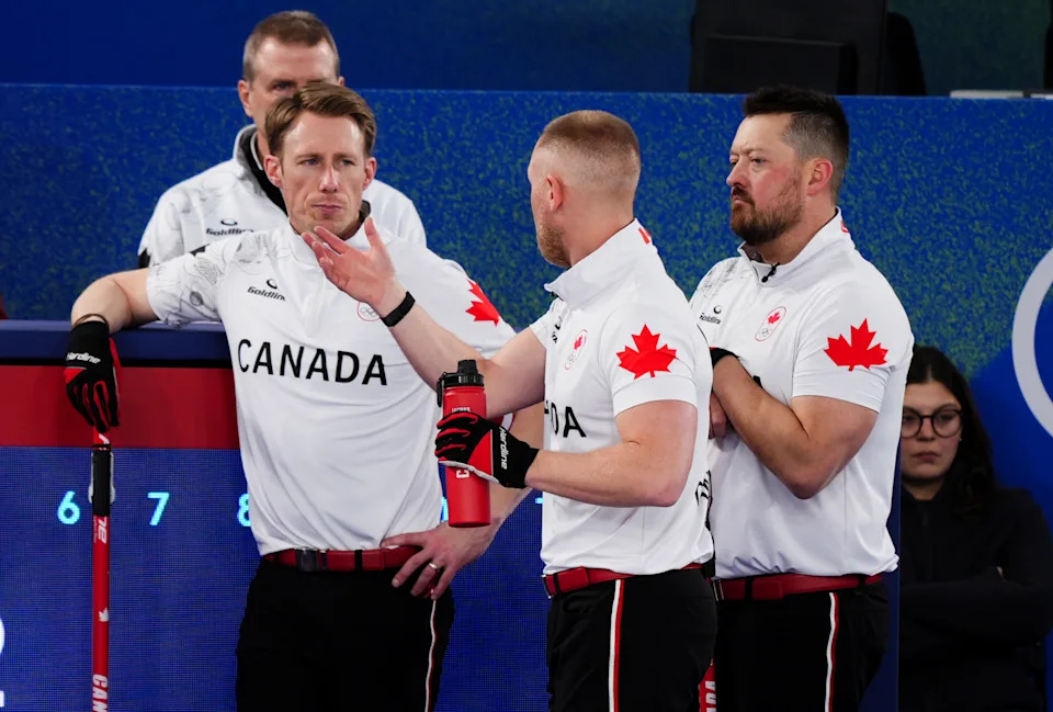 Canada's Marc Kennedy (left) during the Men's Curling match against Switzerland at the Cortina Curling Olympic Stadium, on day eight of the Milano Cortina 2026 Winter Olympics, Italy. Picture date: Saturday February 14, 2026. (Photo by Andrew Milligan/PA Images via Getty Images)