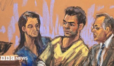 Courtroom sketch with Mangione, the judge and his lawyers. He is in a prison uniform