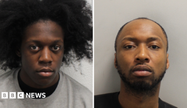 Two police custody photographs shown side by side. Both men are facing the camera with neutral expressions against plain light-coloured backgrounds, one wearing a grey sweatshirt and the other a dark top.