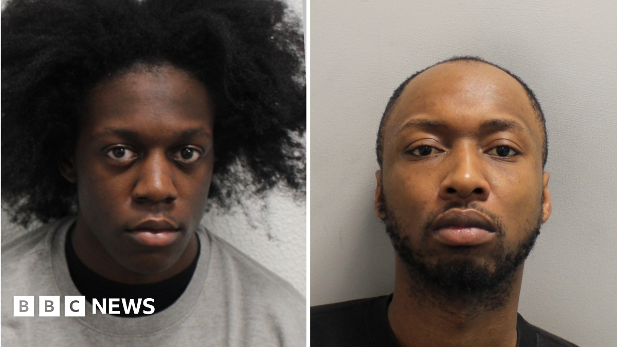 Two police custody photographs shown side by side. Both men are facing the camera with neutral expressions against plain light-coloured backgrounds, one wearing a grey sweatshirt and the other a dark top.