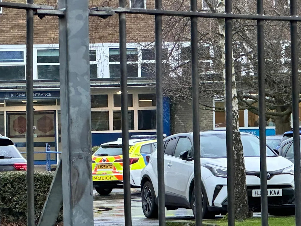 Police at Kingsbury High School, north-west London, where two boys, aged 12 and 13, have been stabbed.