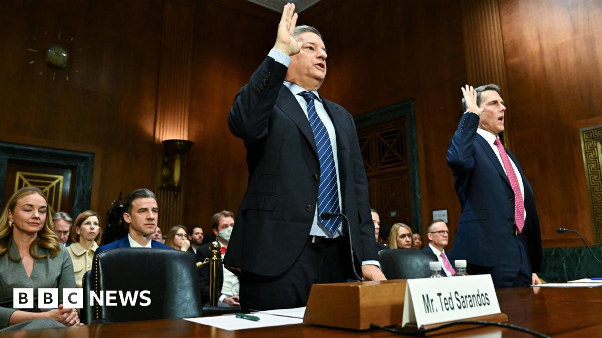 Two men wearing suits raise their right hands as they are sworn in for a Senate hearing in a courtroom