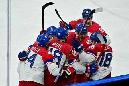 Feb 18, 2026; Milan, Italy; Ondrej Palat of Czech Republic celebrates scoring their third goal with teammates against Canada in a men's ice hockey quarterfinal during the Milano Cortina 2026 Olympic Winter Games at Milano Santagiulia Ice Hockey Arena.
