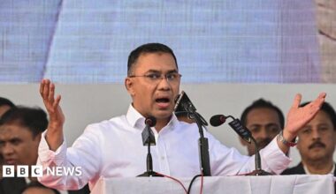 Bangladesh Nationalist Party (BNP) Chairperson Tarique Rahman unveils the party's election manifesto, outlining nine key pledges, ahead of Bangladesh's 13th national parliamentary election in Dhaka, Bangladesh, on February 6, 2026. (Photo by MD Abu Sufian Jewel/NurPhoto via Getty Images)