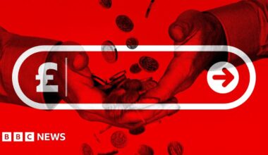 A composite image showing a close-up of a pair of hands held together and turned upwards, with coins falling down on them, and spilling towards the ground. The image is overlaid with a white online search box with a pound sign and a search button. The rest of the image is coloured in bright red.