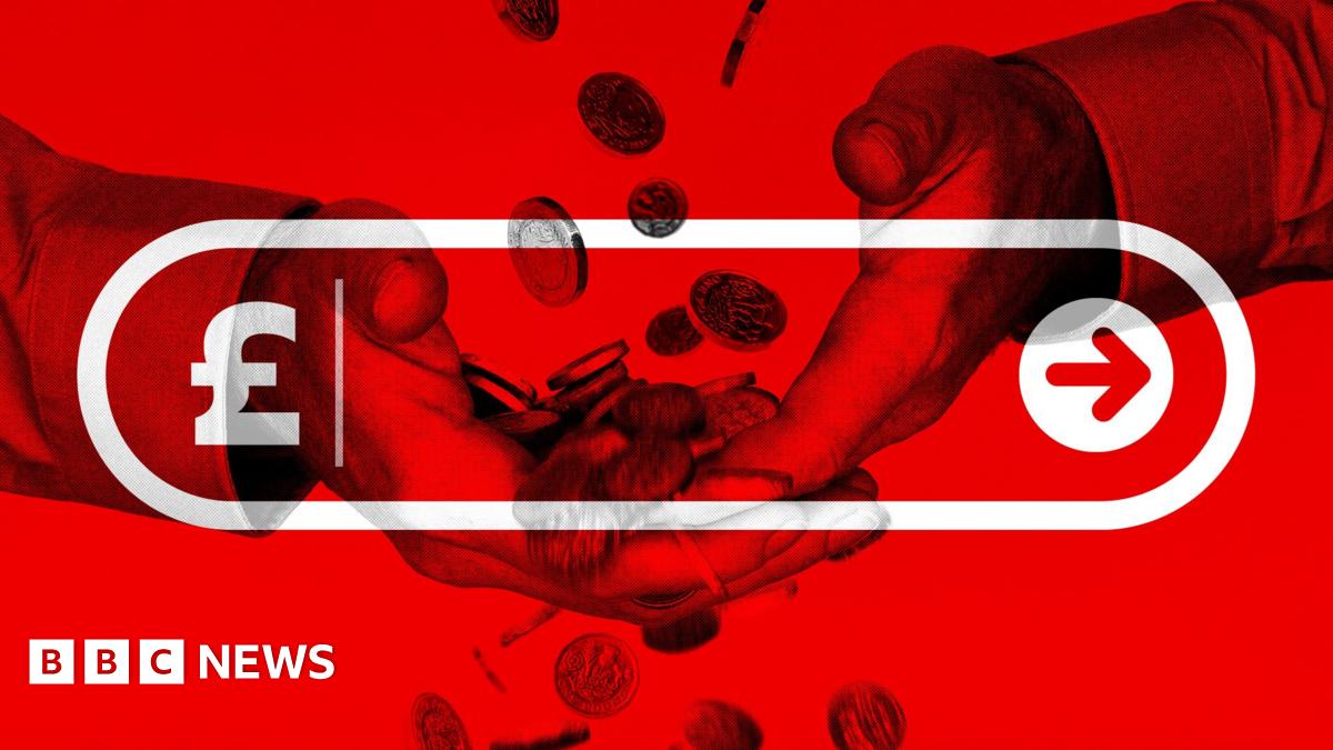 A composite image showing a close-up of a pair of hands held together and turned upwards, with coins falling down on them, and spilling towards the ground. The image is overlaid with a white online search box with a pound sign and a search button. The rest of the image is coloured in bright red.