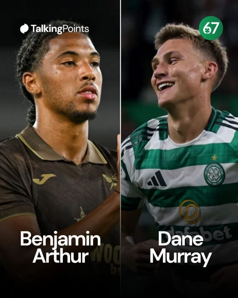 Dane Murray of Celtic celebrates scoring his team's third goal during the Premier Sports League Cup match between Celtic and Falkirk at Celtic Park, Benjamin Arthur applauds the Brentford fans after a pre-season friendly