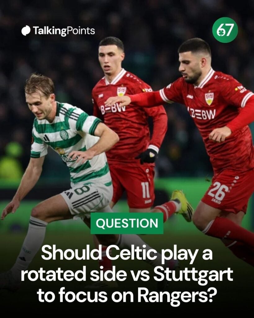 Benjamin Nygren tries to fend off Jeff Chabot and Bilal El Khannouss during Celtic vs Stuttgart in the Europa League