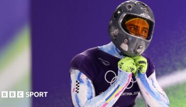 Vladyslav Heraskevych wearing his helmet during training at Winter Olympics in Cortina