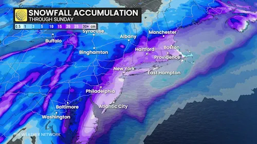 U.S., Canadian East Coast snowfall through Sunday