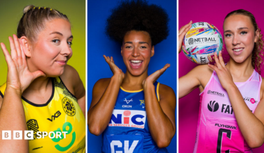 Sophie Kelly of London Pulse reaches for the ball with Jess Shaw and Celena Appleby-Prince of Loughborough Lightning during Netball Super Cup